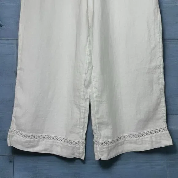 Joie Wide Leg 100% Linen Pants Large White Boho Elastic Waist Pull On Cropped - Picture 2 of 8